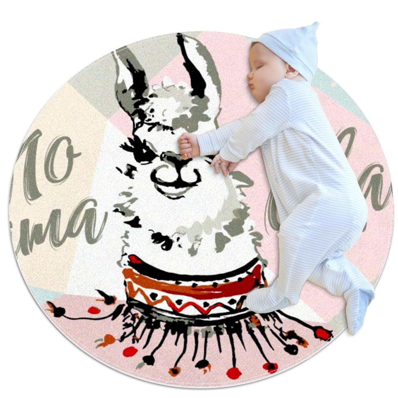 Tapis rond pour enfants et bébé JDEZ : un espace de jeu doux et antidérapant avec motif alpaga