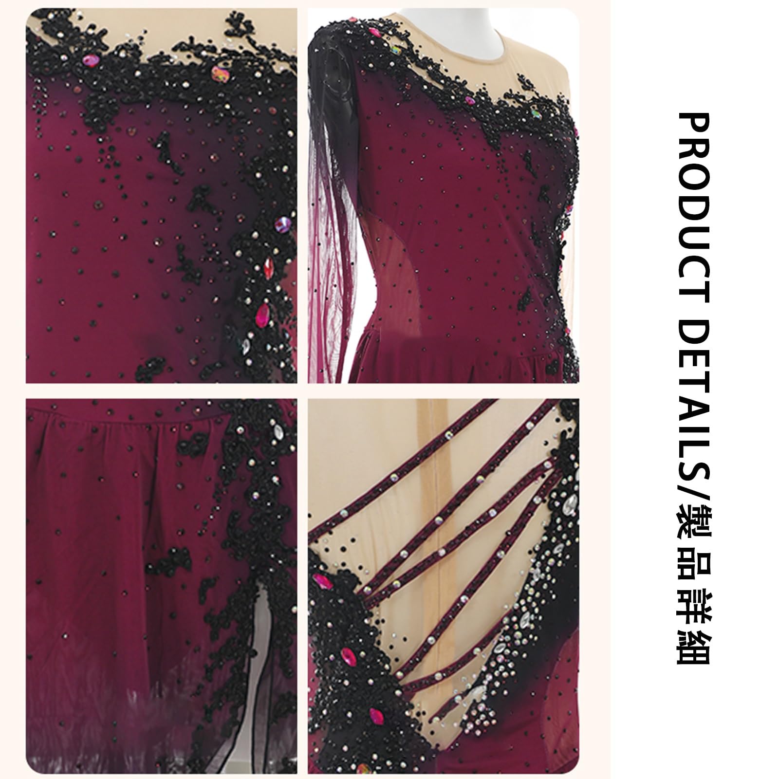 Eiskunstlaufkleid for Damen, Funkelndes Eislauf-Outfit, Langärmliger Trikotanzug Mit Rock