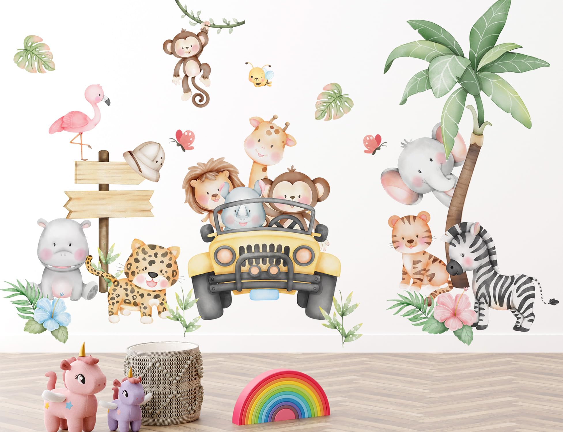 DRWSSR 2 Sheets Removable Cartoon Animal Wall Stickers Watercolor Jungle Animal Wall Stickers DIY Tropical Plants Wall Decals Coconut Tree Wall Art