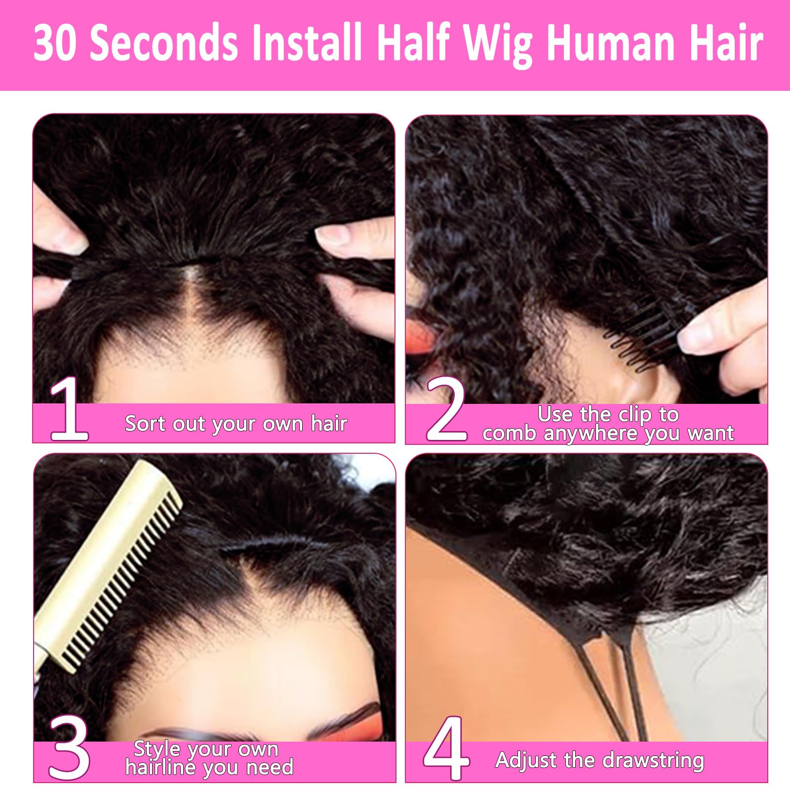 Curly Half Wig Human Hair, Glueless Drawstring Wear and Go