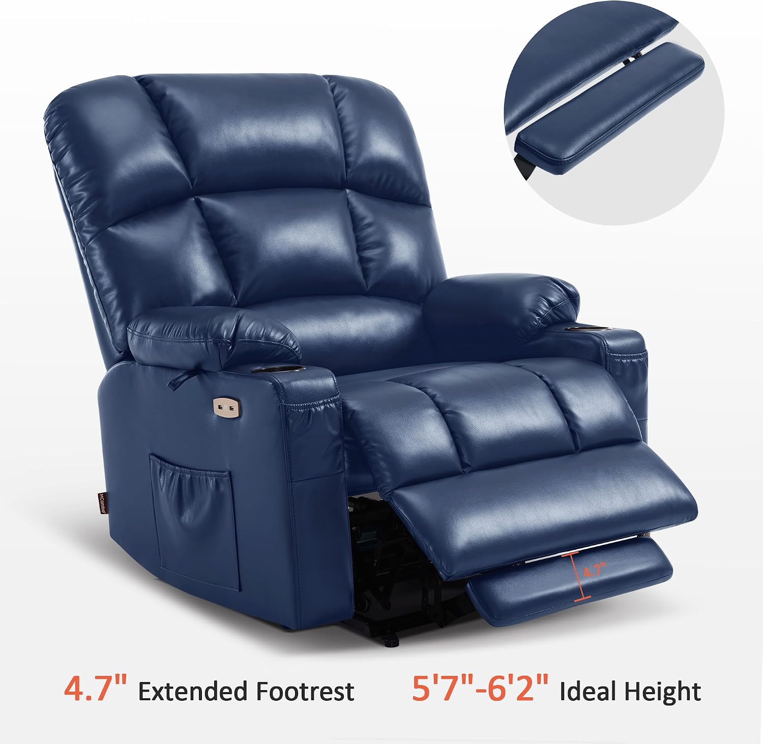 MCombo Oversized Dual Motor Power Lift Recliner Chair Sofa with Massage and Heat for Big Elderly People, Infinite Position, USB Ports, Faux Leather R7688 (Navy Blue, Large-Oversize)