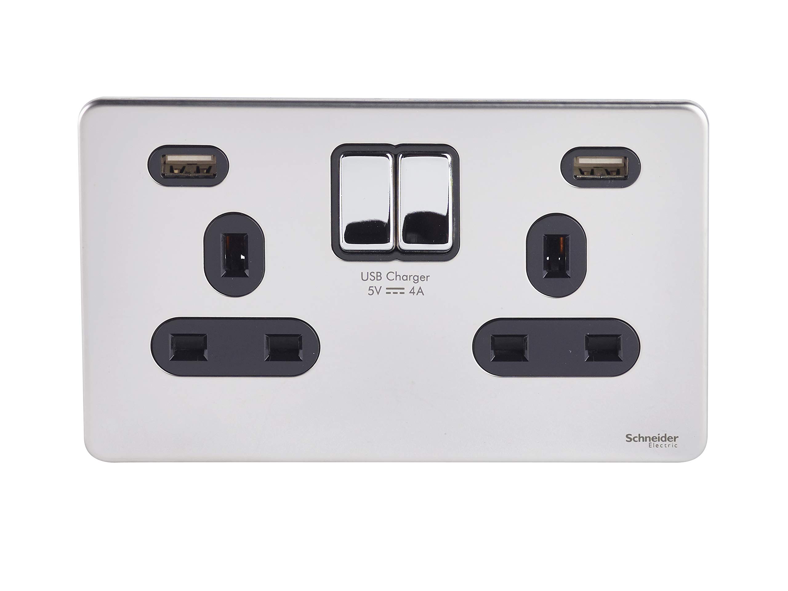 Schneider Electric Ultimate Screwless Flat Plate - Switched Double Power Socket, With USB Charging Ports, 13A, GGBGU3424DBPC, Polished Chrome With Black Insert