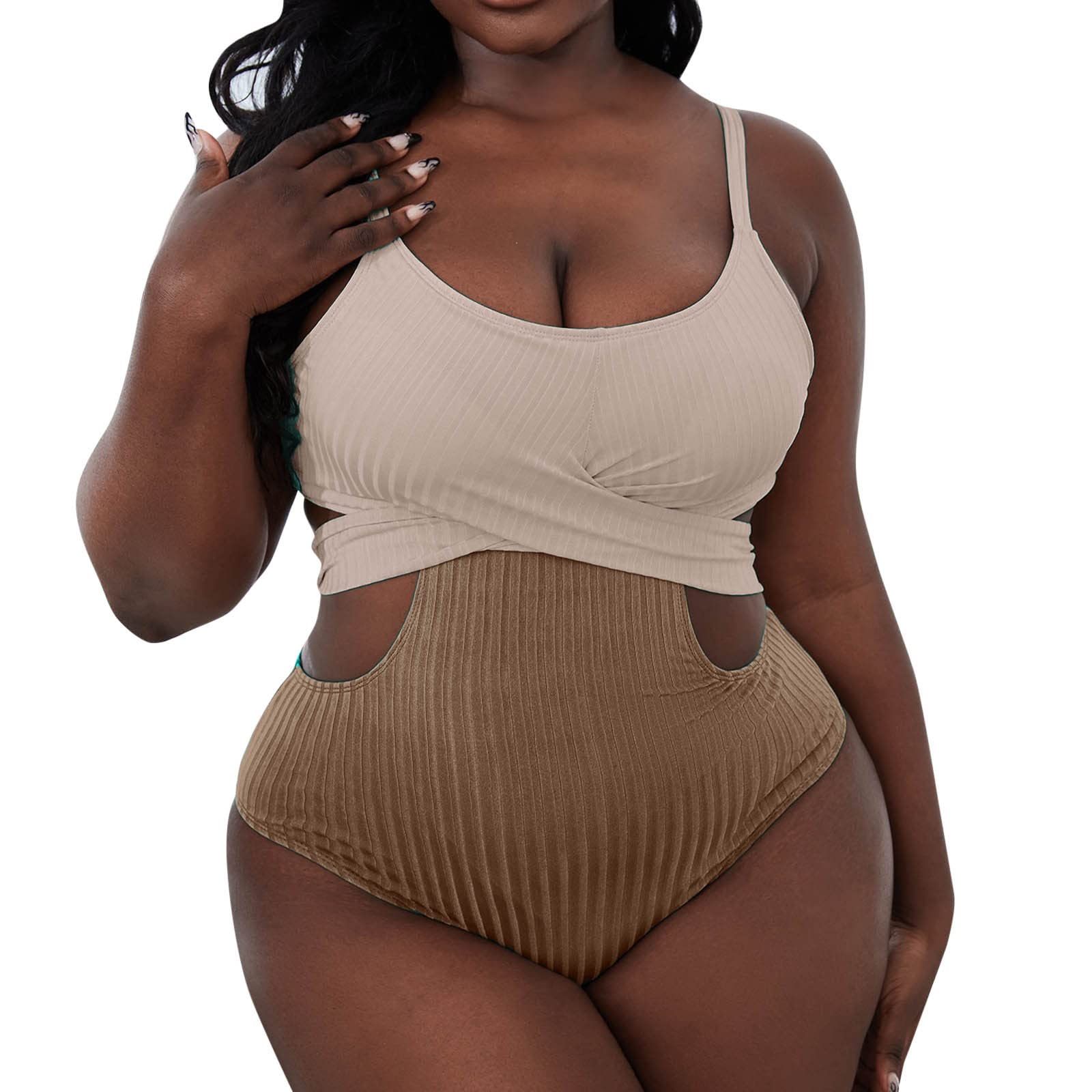 Maillot de bain une piece grande taille marron d'une elegance rare avec son decollete croise