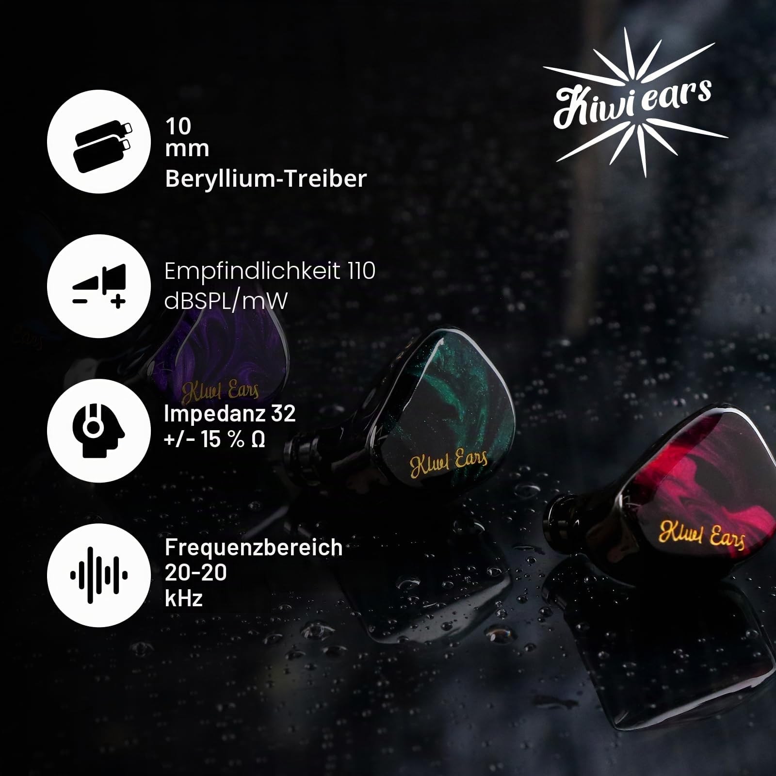 Kiwi Ears Cadenza In-Ear-Monitor, 10 mm Beryllium Dynamic Driver IEM Kopfhörer, HiFi-Studio-Kopfhörer mit 3D-gedrucktem Hohlraum, abnehmbares 2-poliges IEM-Kabel für audiophile Musiker