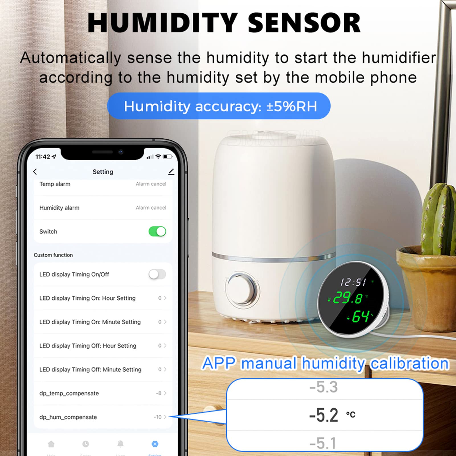 Monitor di Umidità Della Temperatura Smart Wifi, Sensore di Umidità Della Temperatura Wireless con Avvisi di Notifica APP, Funzione di Controllo Vocale Rilevamento Automatico per L'Ufficio Delle Case