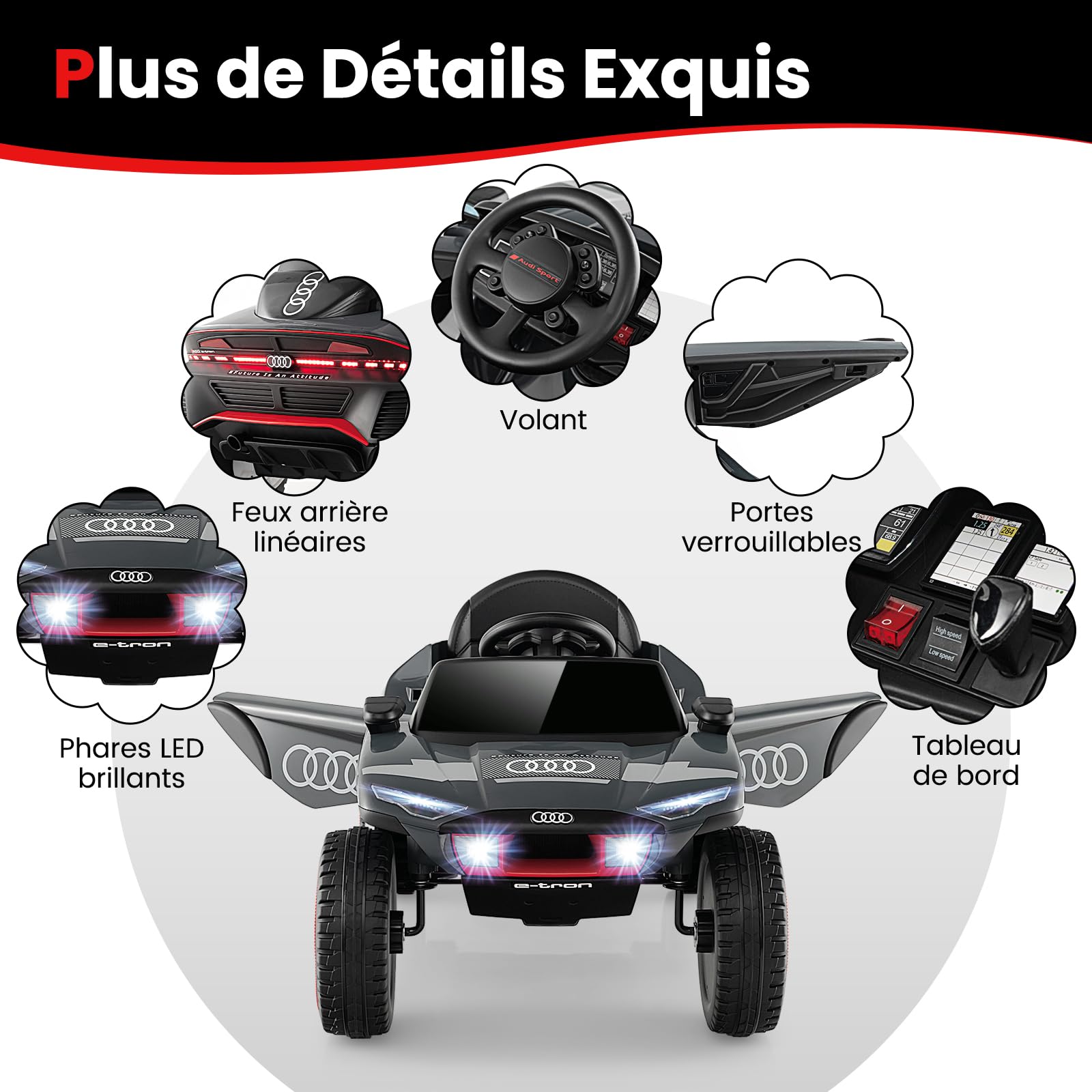 GOPLUS Voiture Electrique Enfants 12 V, Audi Quad 4x4 Electrique Enfants 1 Place avec Télécommande Parentale 2,4G, Musique Intégrée, Lumières LED, 3-6,5 km/h Charge 25KG pour Enfant 3 Ans+