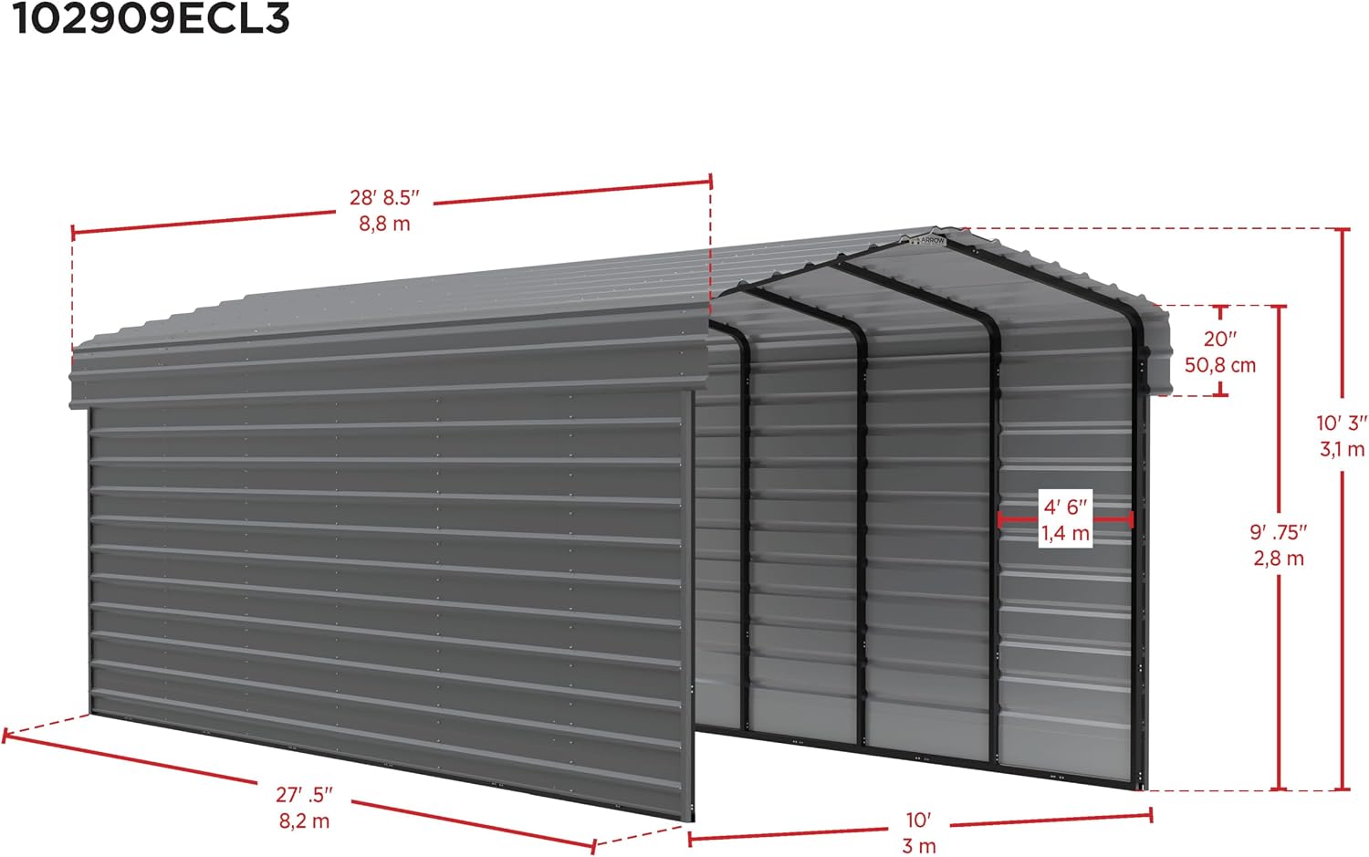 Arrow 10x29x9 3 Sided Carport Charcoal