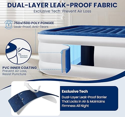 Miniatura 5 de KINGJERRY Colchón de aire individual XL con bomba incorporada, comodidad elevada de 18 pulgadas, longitud mejorada de 80 pulgadas, doble capa a