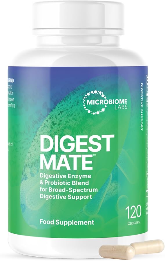 Microbiome Labs DigestMate – Digestive Enzyme Blend & Probiotics for Broad-Spectrum Gut Support, Spore Probiotic Supplement & 14 Enzymes for Complete Digestion - 120 Vegan Capsules
