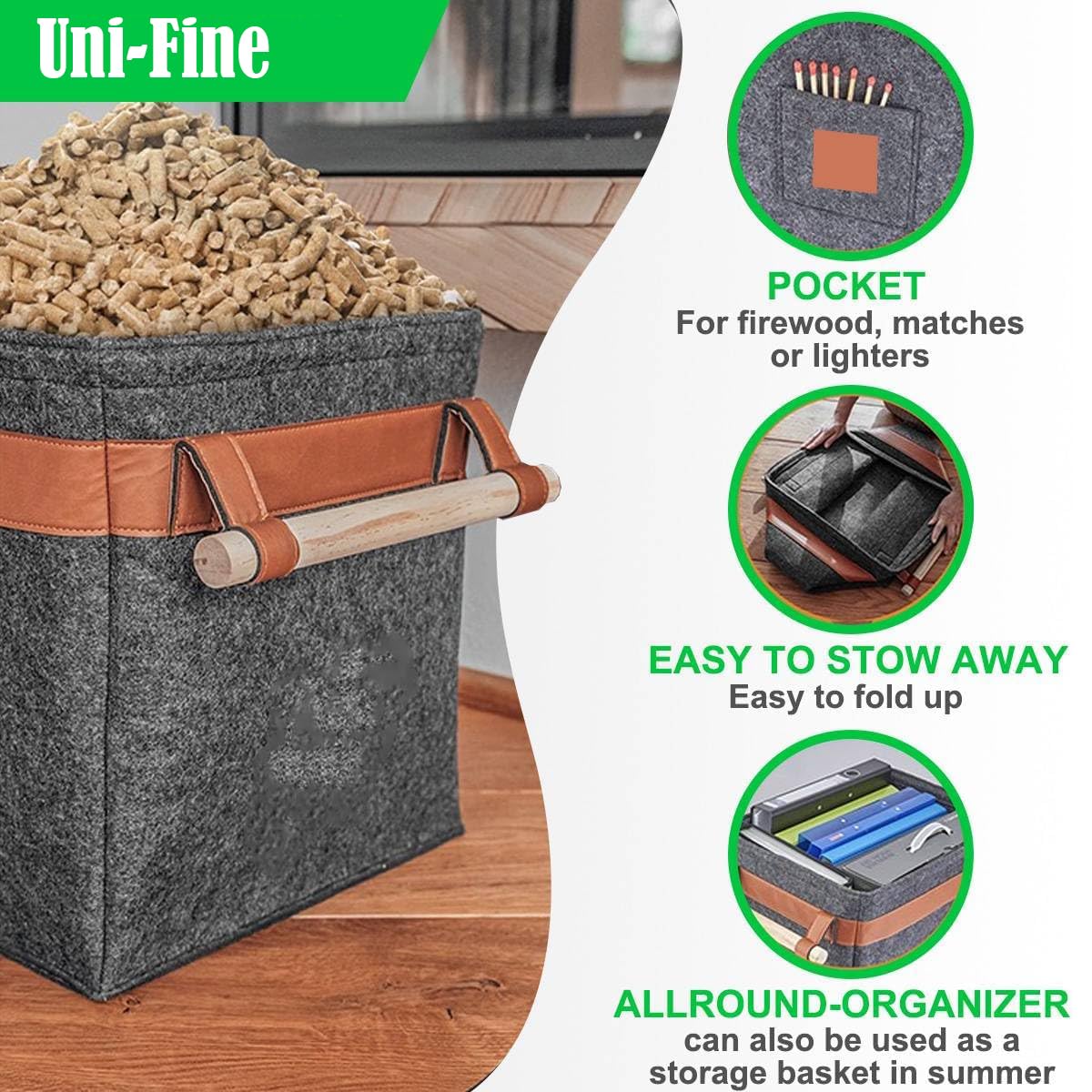 Uni-Fine - Cesta de madera de fieltro (42 x 32 x 32 cm, 43 L, cesta de leña con asa, cesta de fieltro extragruesa, también se puede utilizar como cesta de almacenamiento para compras y periódicos)