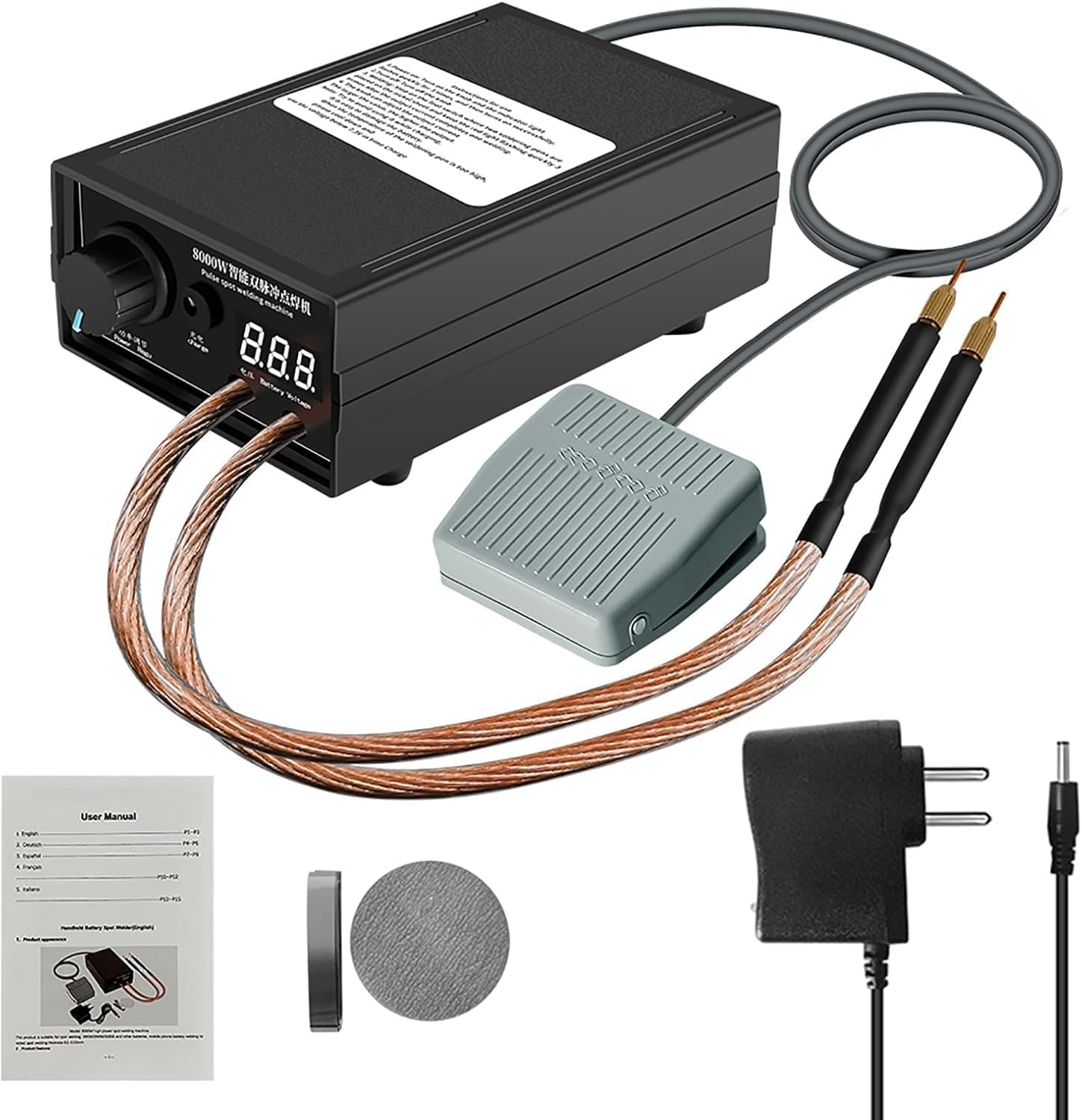 Soldador por puntos 8000 W, portátil soldador por puntos ajustable para baterías 18650, mini máquina de soldadura por puntos 0,1-0,3 mm, 0-1200A, con pantalla LCD, con hoja de níquel de 1 m