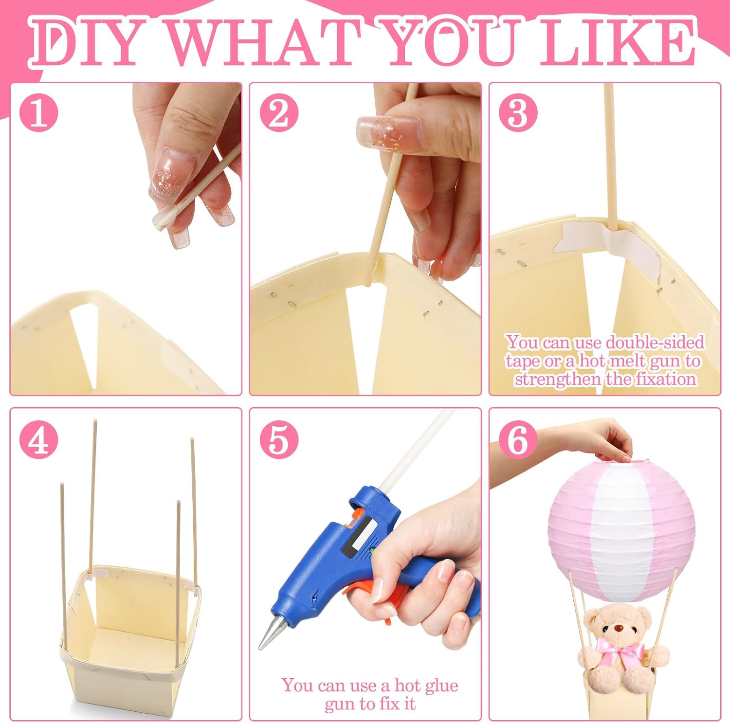 Baquler 12 Sets Baby Shower Hot Air Balloon Table Centerpieces DIY Paper Lanterns Stuffed Plush Bear Wooden Baskets for Wedding Birthday Gender Reveal (Pink)
