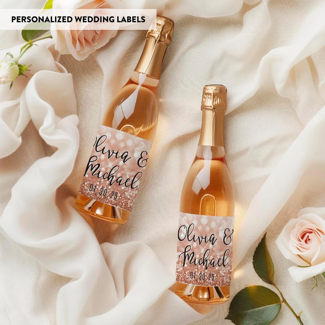 Andaz Press Personalized Wedding Mini Wine Labels For Bottles, Glitzy Rose Gold Glitter 20-Pack Bulk Waterproof Mini Wine Bottle Labels For Champagne Bottle Custom Mini Champagne Bottles Wedding Favor