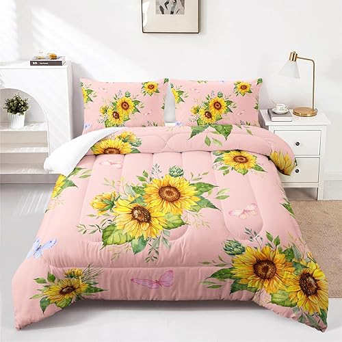 Miniatura 2 de Nttopship Juego de edredón rosa con girasol, tamaño matrimonial para mujeres adultas, juego de ropa de cama floral de mariposa de 3 piezas,