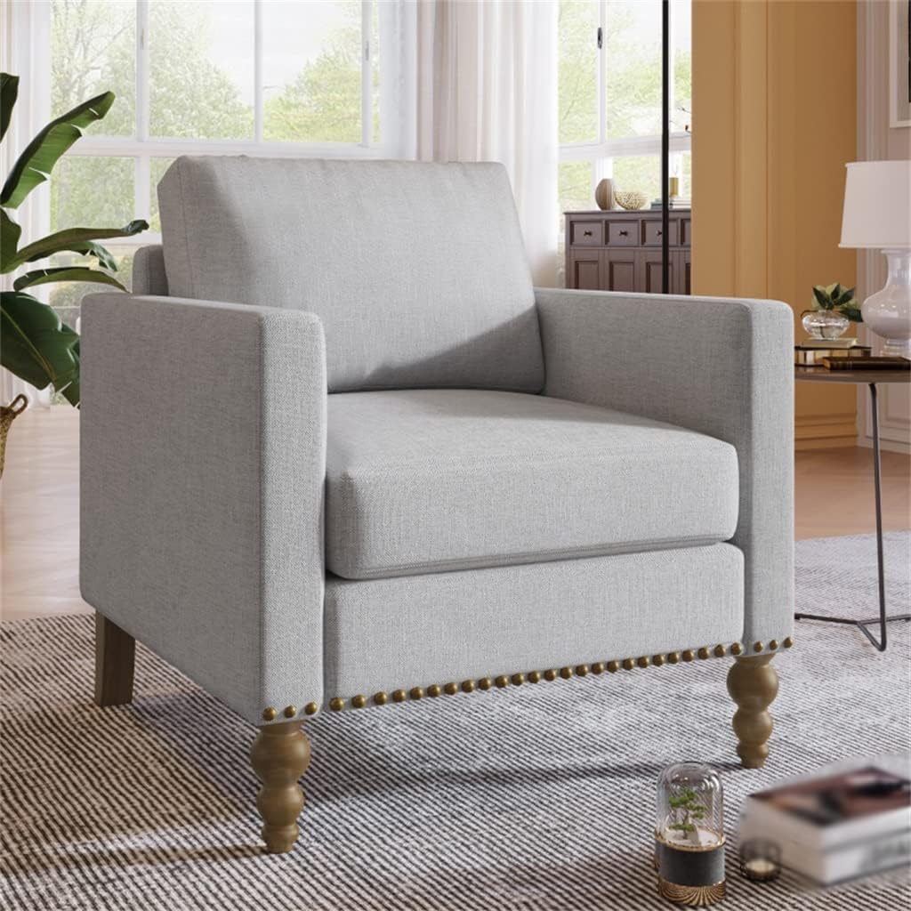 Linen Armchair Accent Chair with Nailhead Trim Wooden Legs Single Sofa Couch for Living Room, Bedroom, Balcony