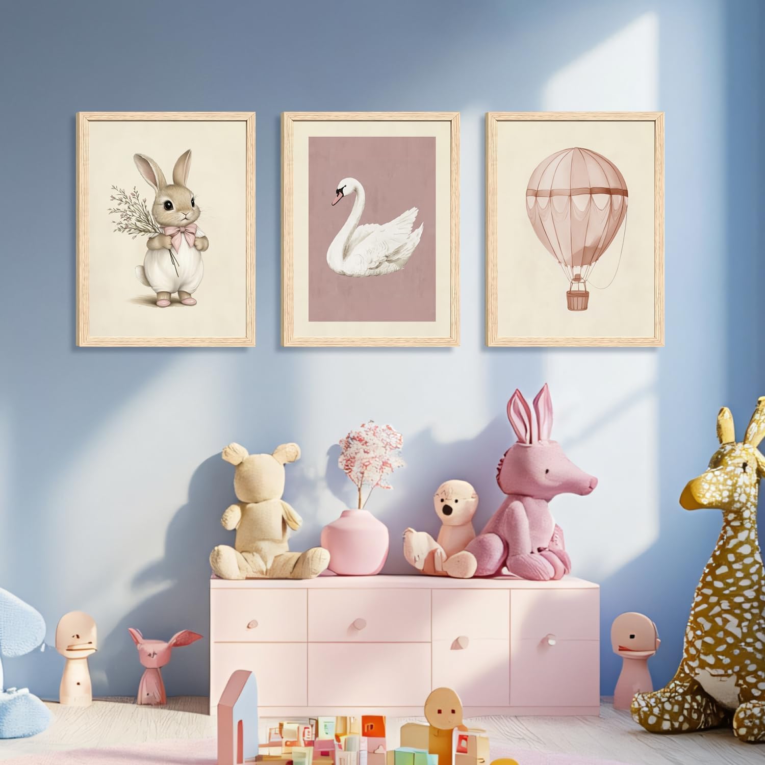 Hianan Pink Baby Girl Nursery Wall Decor Cute Bunny Wall Art Cozy Rabbit Canvas Artwork Elegant Swan Poster Prints Vintage Hot Air Balloon Painting Prints for Kid's Room Baby Room Wood Framed 16"x24"x3