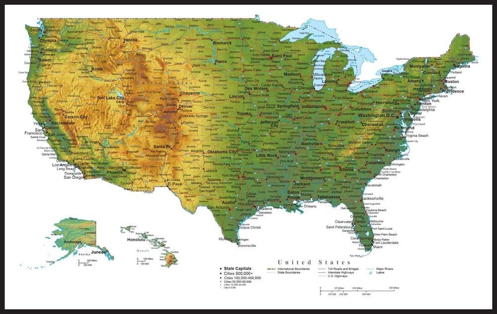 United States of America Terrain Map - USA Map Map Wall Decal - 42 Inches W x 27 Inches H - Peel and Stick Removable Graphic