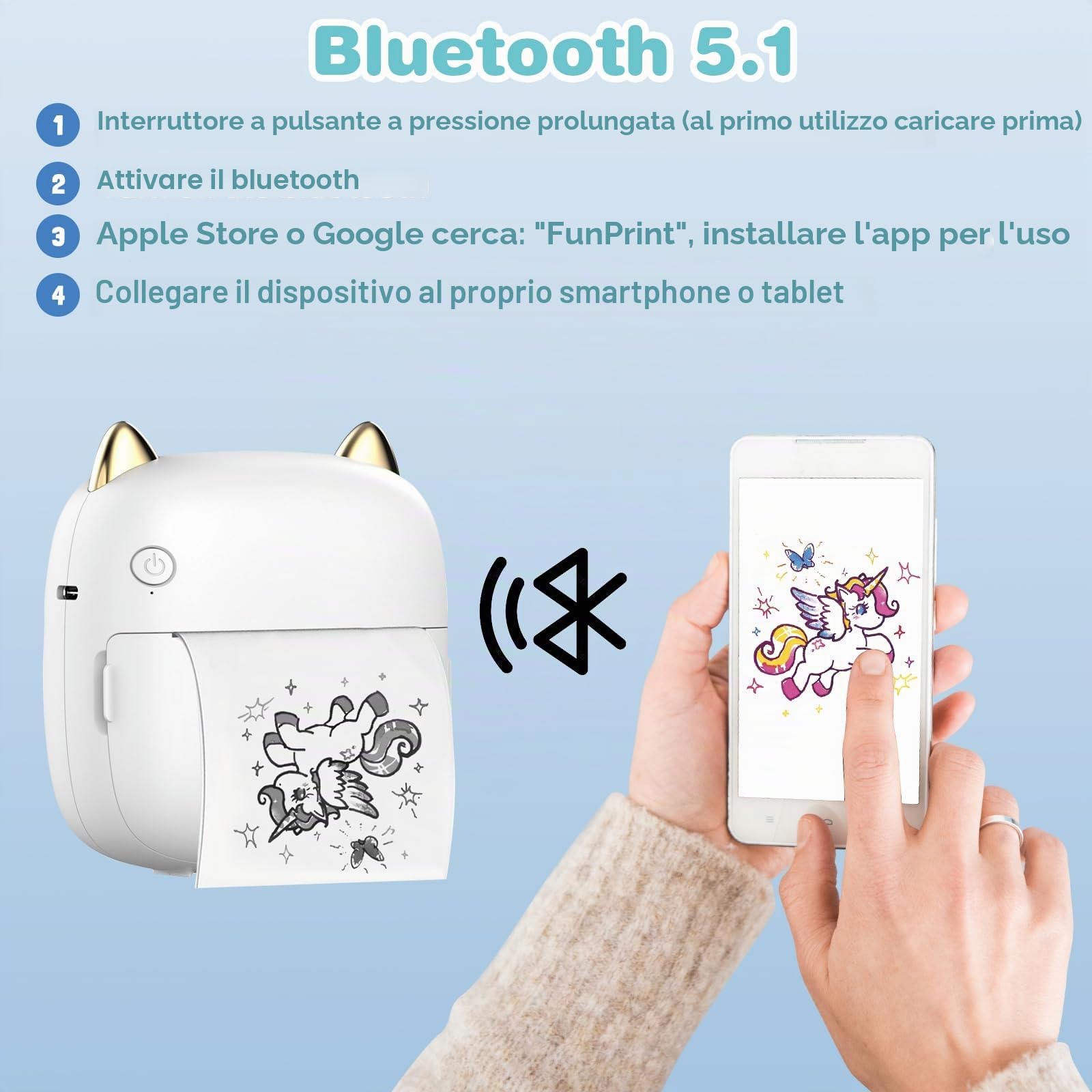 Mini Stampante Fotografica, Mini Stampante Termica, Stampante Fotografica Istantanea Bluetooth Portatile con Ricarica USB & 14 Rotoli di Carta, per Studio, Note, Diario, Elenco, Bianco