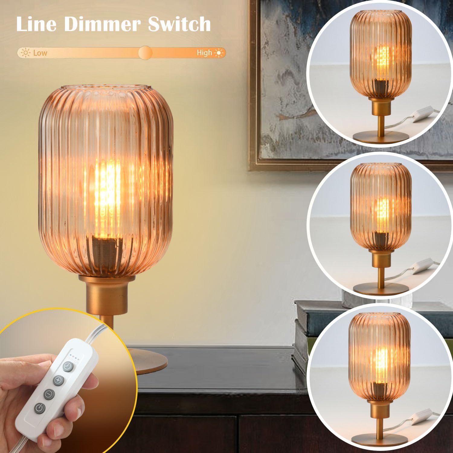Mid Century Glass Table Lamp,Dimmable Desk Lamp,LED Bulb Included,Timer Build-in,Cognac Amber Ribbed Glass