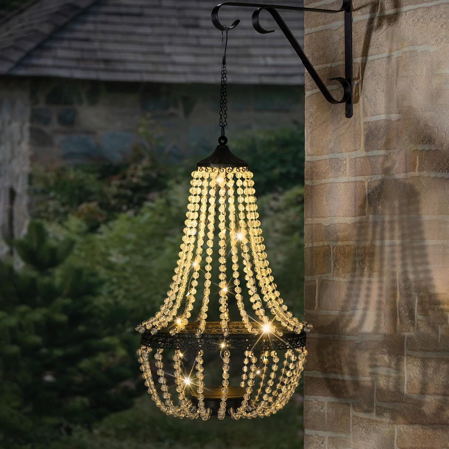 LIVHOME 28" Solar Crystal Chandelier Light Outdoor Hanging Lantern LED Garden Pendant Waterproof Patio Gazebo Tree Decor Cool & Warm White Lights (Warm White)