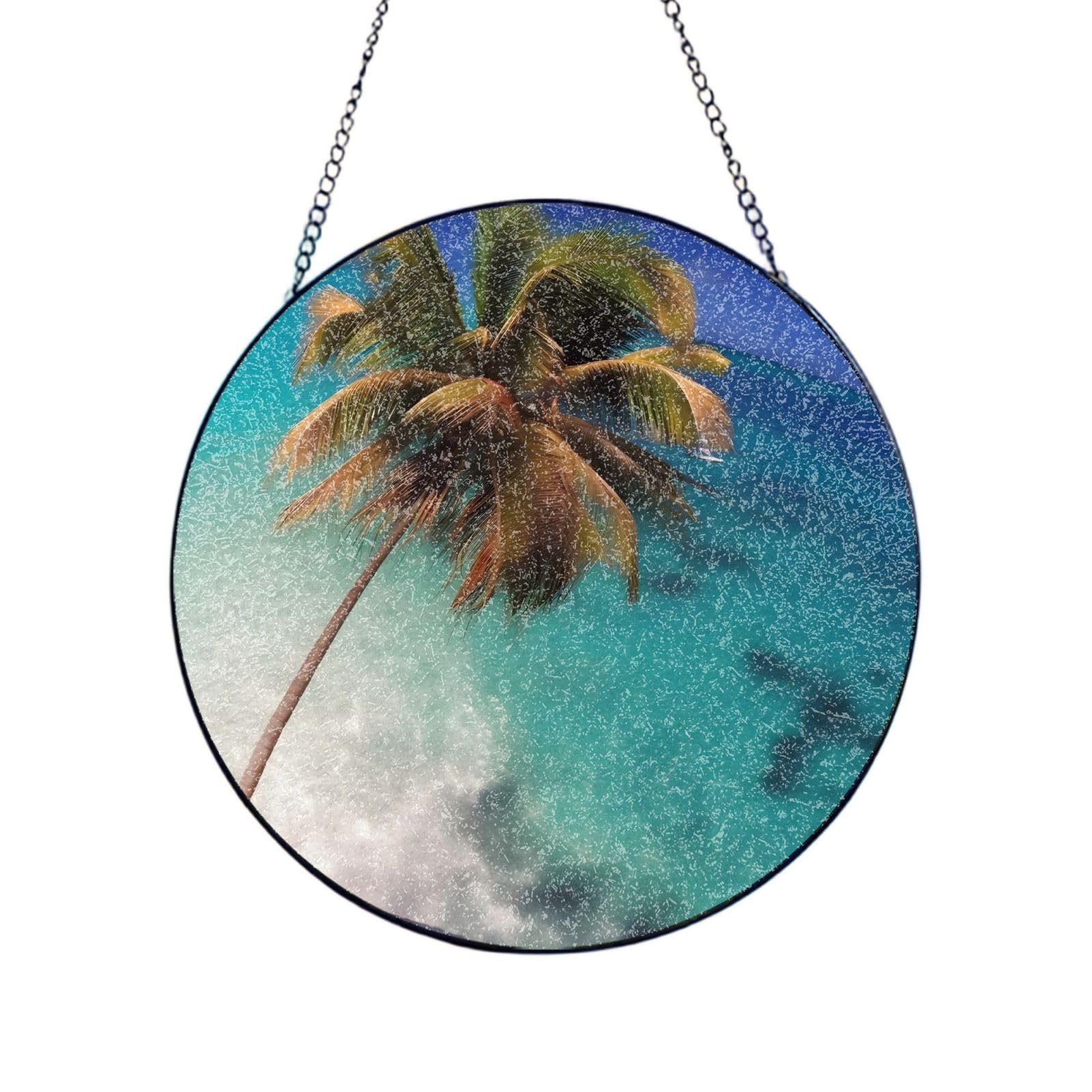 Phayah Caribbean Islands Print Glass Window Hanging Round Suncatcher Glass Ornament Garden Wall Fence Decorations Indoor Outdoor 10in（25cm）