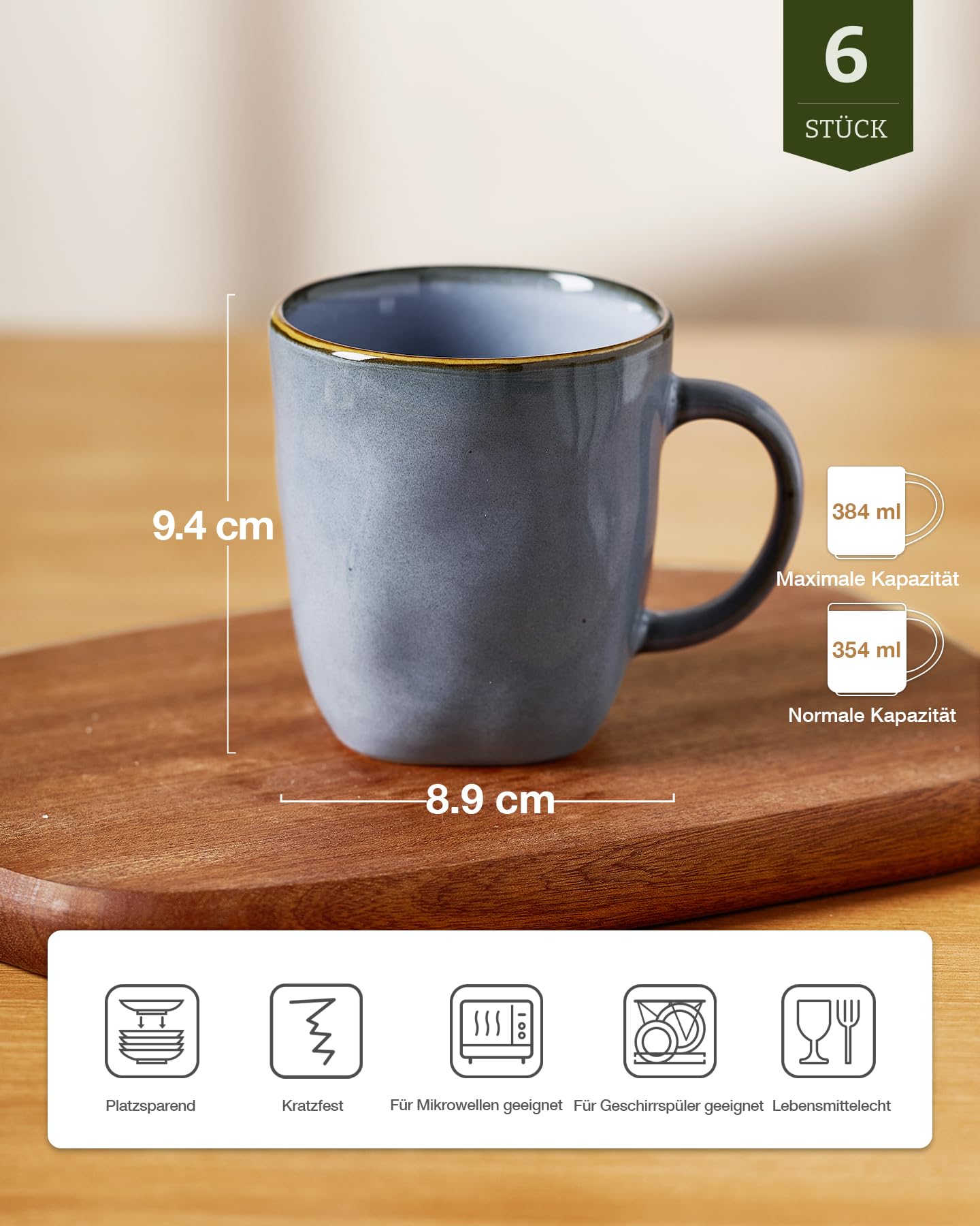 Richmount Kaffeetassen, 6er Set Ocean Square-Serie, 384ml (13oz) mit Henkel, Steingut Tassen für Küche, Spülmaschinen- & mikrowellensicher, für Kakao/Milch/Tee, Blau