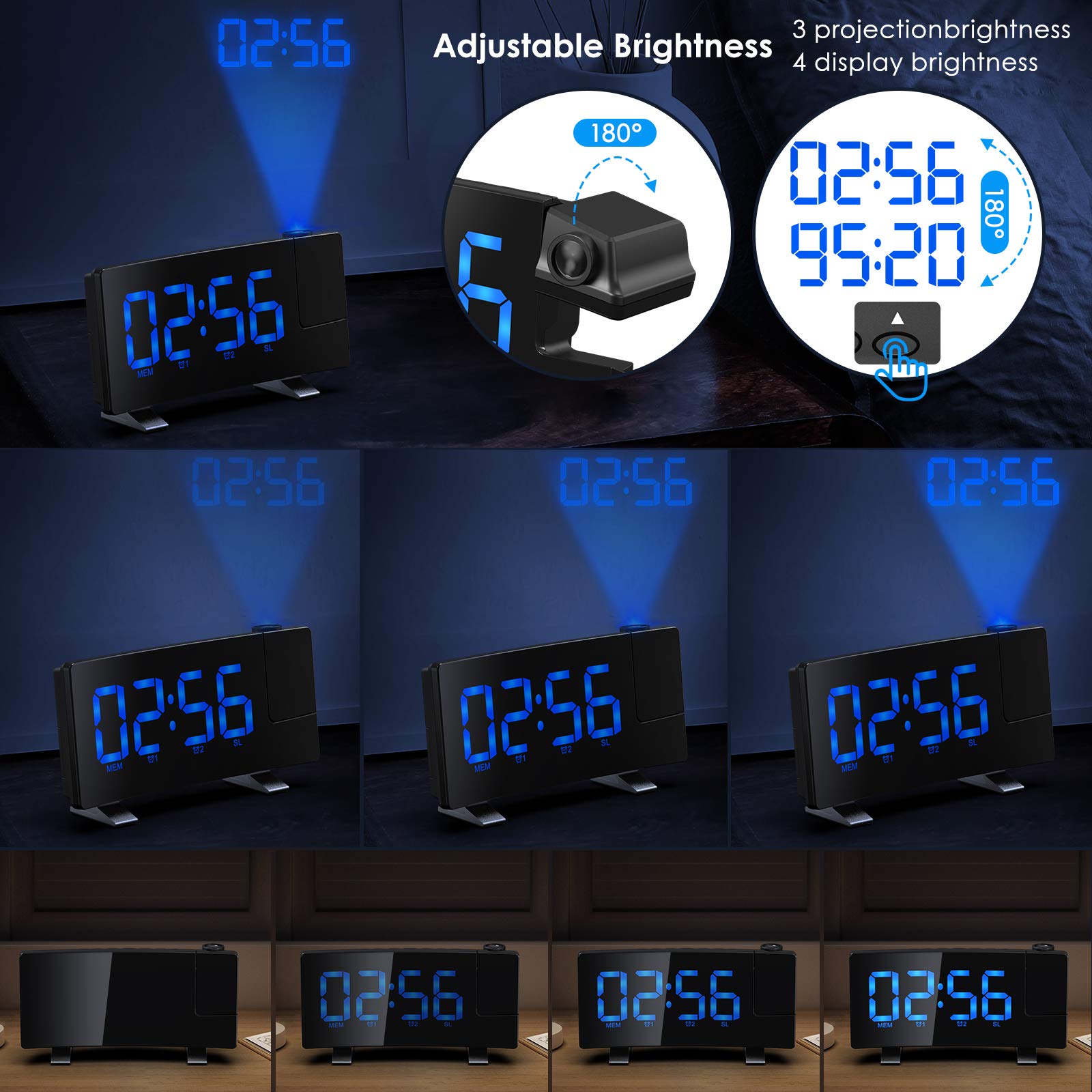 TAKRINK Sveglia con Proiettore Radiosveglia Digitale da Comodino 12/24H Display LED a 180° Luminosità a Proiezione Rotante Regolabile con Sveglie FM Radio 2 e Cavo USB