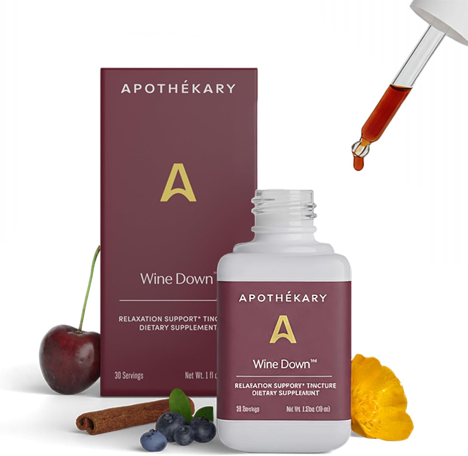 Apothékary Wine Down, Natural Sleep and Relaxation Support, Alcohol-Free Red Wine-Inspired Herbal Liquid Drops, Consists of Blue Vervain, Tart Cherry, and California Poppy, 1 oz, 30 Servings