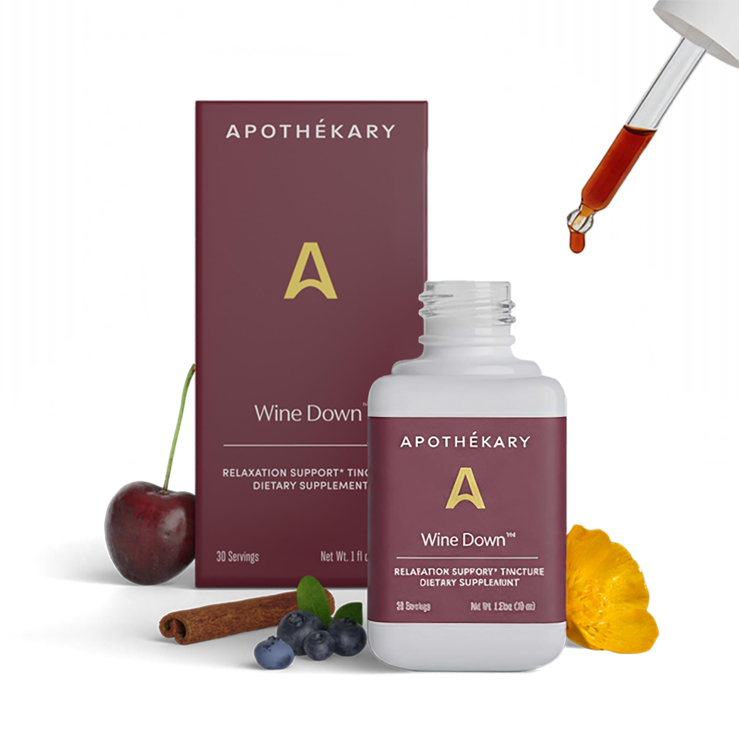 Apothékary Wine Down, Natural Sleep and Relaxation Support, Alcohol-Free Red Wine-Inspired Herbal Liquid Drops, Consists of Blue Vervain, Tart Cherry, and California Poppy, 1 oz, 30 Servings