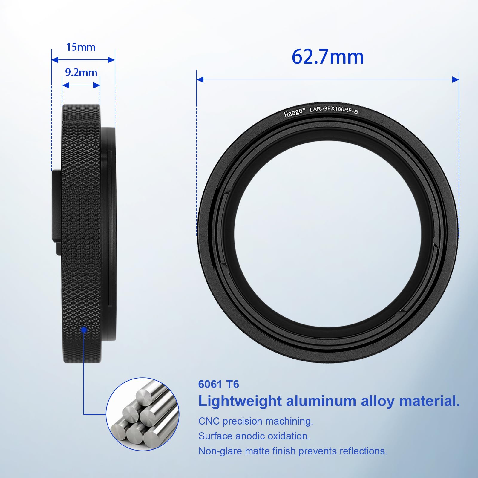 Haoge Pierścień do kaptura, adapter do Fujifilm GFX100RF, kwadratowa, metalowa osłona obiektywu, akcesoria Bayonet Shades kompatybilne z GFX100RF, oryginalny obiektyw, czarna