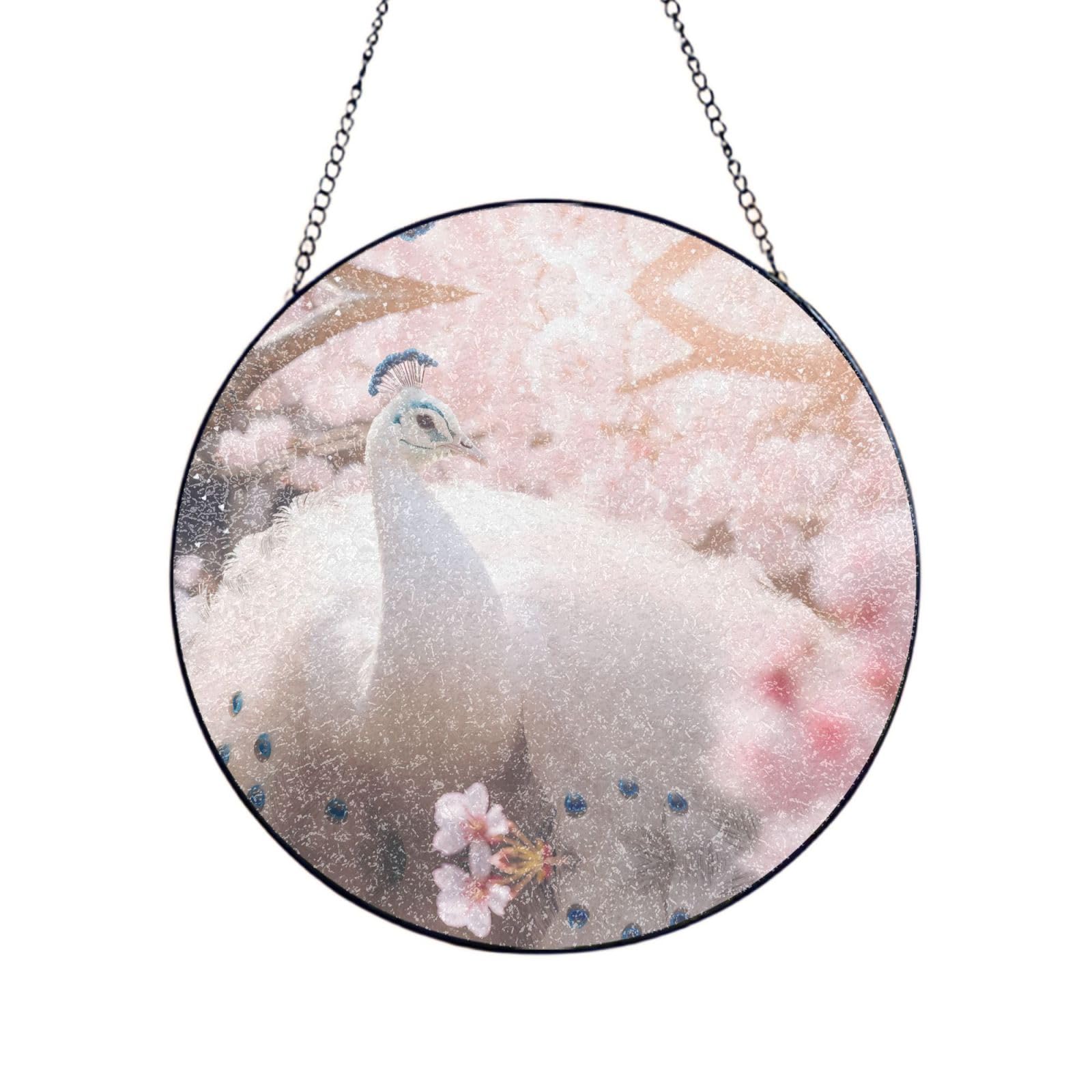 Phayah Beautiful White Peacock Print Glass Window Hanging Round Suncatcher Glass Ornament Garden Wall Fence Decorations Indoor Outdoor 10in（25cm）