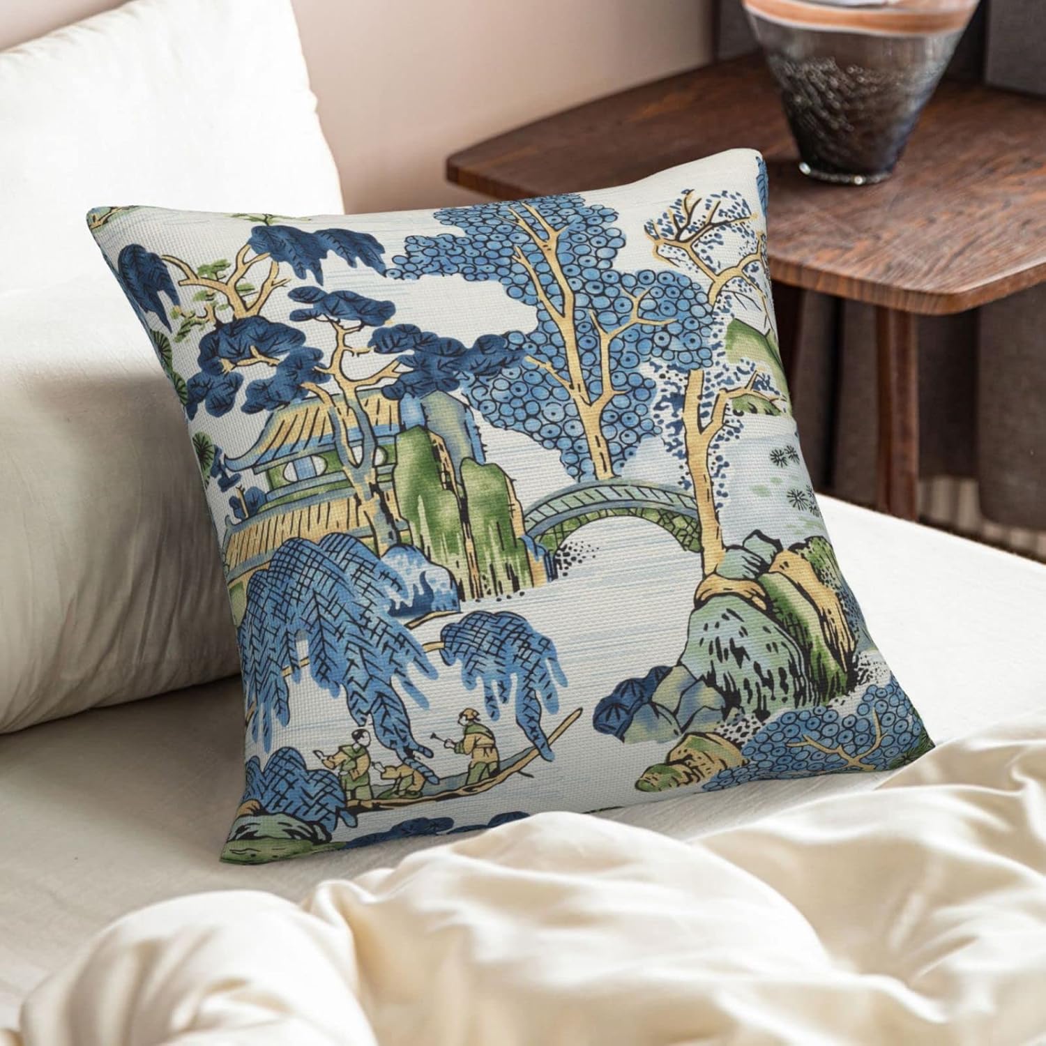 Chinoiserie Pillow Covers 22x22 Inch Set of 2, Asian Scenic Blue and Kelly Green Throw Pillows Farmhouse Chinoiserie Decorative Pillowcase Linen Cushion Cover for Home Sofa Bedroom Outdoor