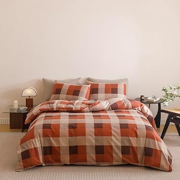 KAREVER Gingham Checkered Comforter Queen Pumpkin Plaid Bedding Set Boys Girls Colorful Grid Cottagecore Blanket Queen