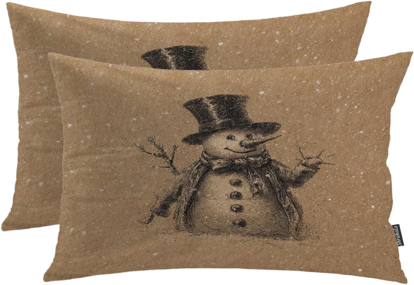 Shrahala Vintage Christmas Snowman Pillowcases, Nostalgic Kraft Paper Snowman Lumbar Pillow Cover Decorative Blended Double-Sided No Inserts for Bedroom Sofa Living Room Set of 2 (26 x 20 in)