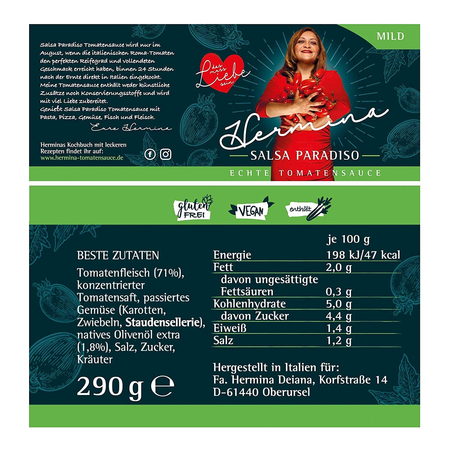 Hermina Salsa Paradiso I FEINKOST PASTASAUCE (Mild) I 6 x 290 g I 100% Natürlich I Tomatensauce direkt aus Italien