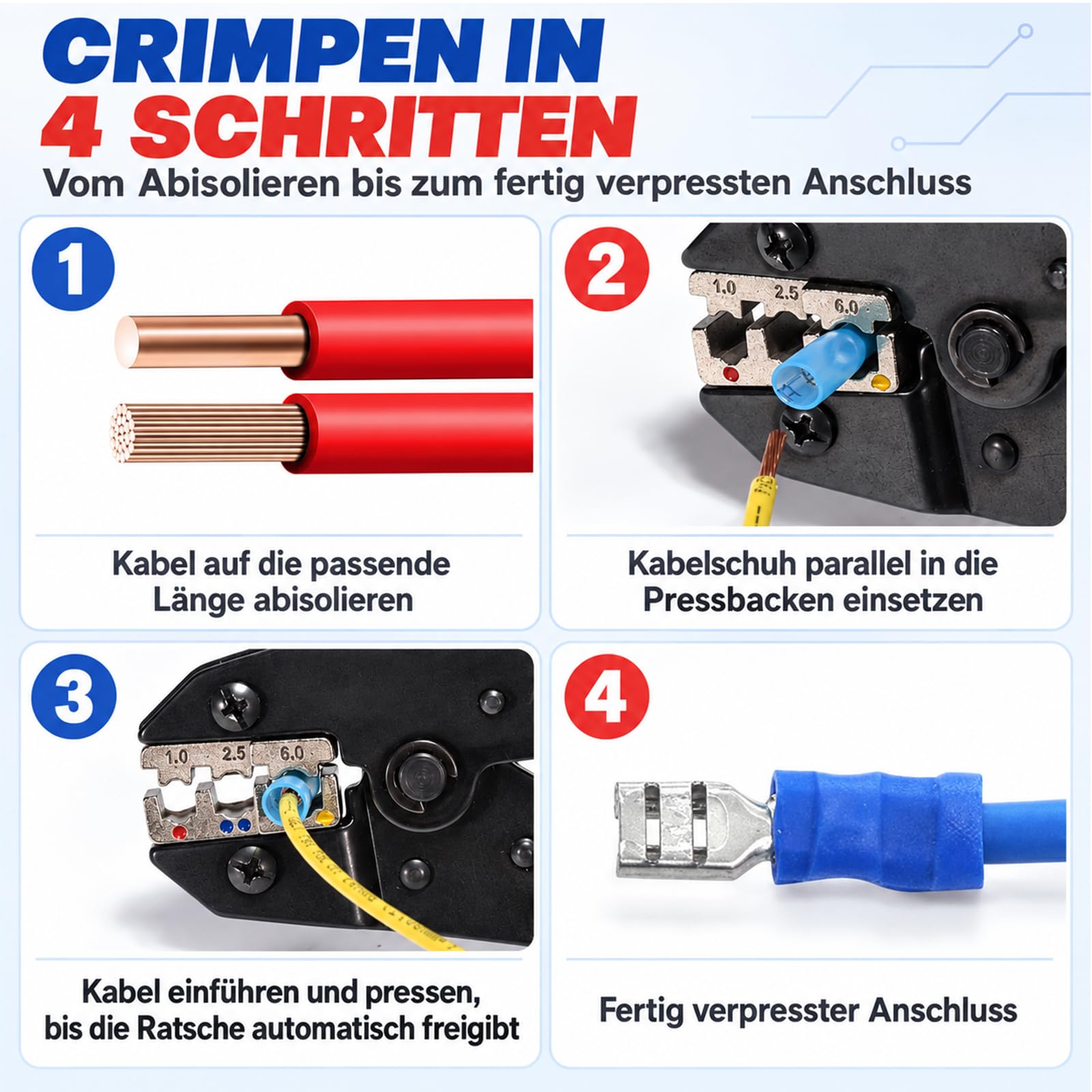Crimpzange Set 6-teilig, Ratschen-Crimpzange mit 6 Wechselbacken