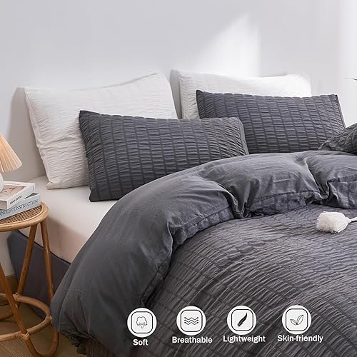 Miniatura 5 de DuShow - Juego de funda de edredón con lino ultra suave, sirsaca, cierre de cremallera y color liso, 3 piezas