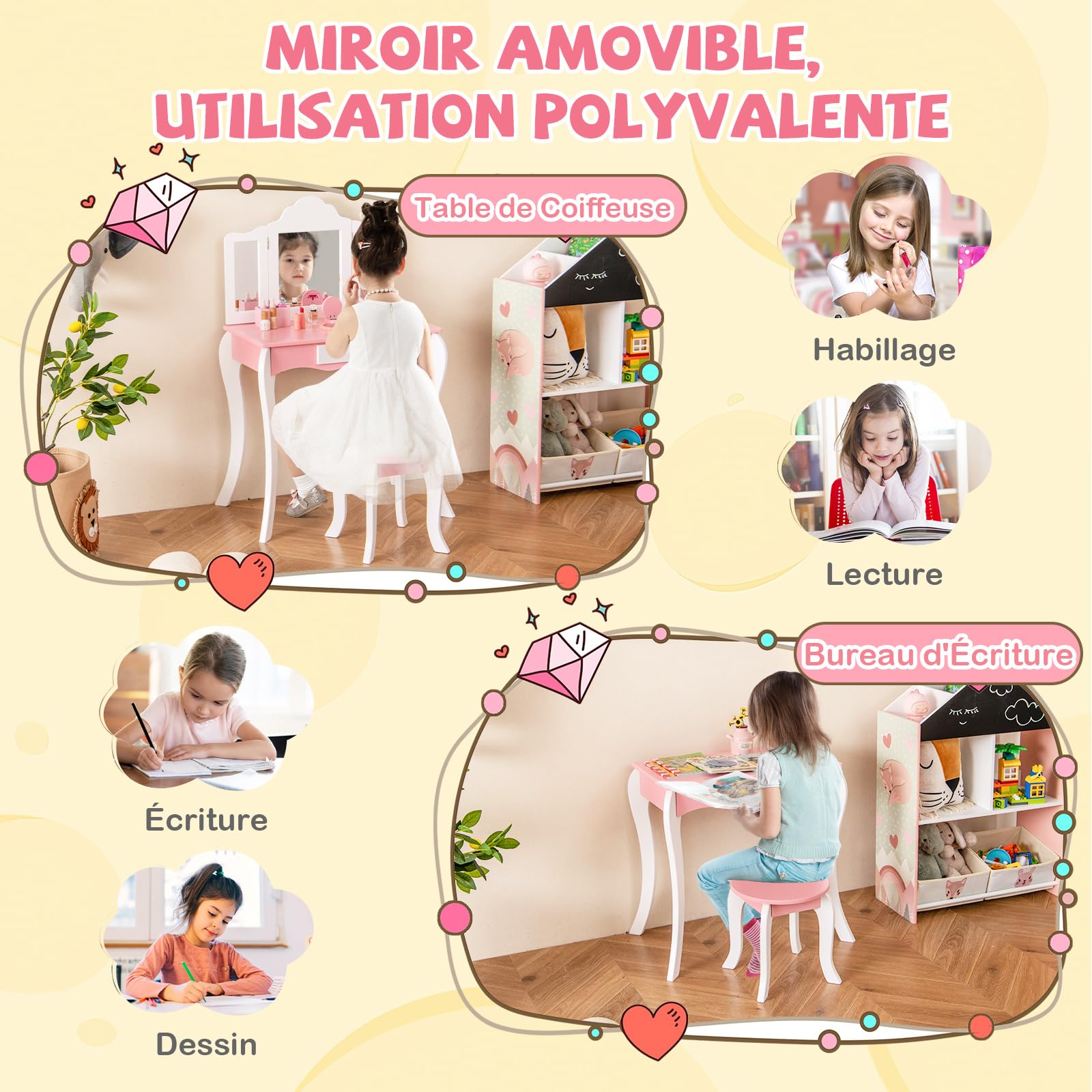 Coiffeuse Enfant Fille 2 En 1 Avec Miroir LED Et Tabouret – Meuble De Maquillage Et Rangement En Bois, Anti-basculement, Pour 5 Ans Et Plus