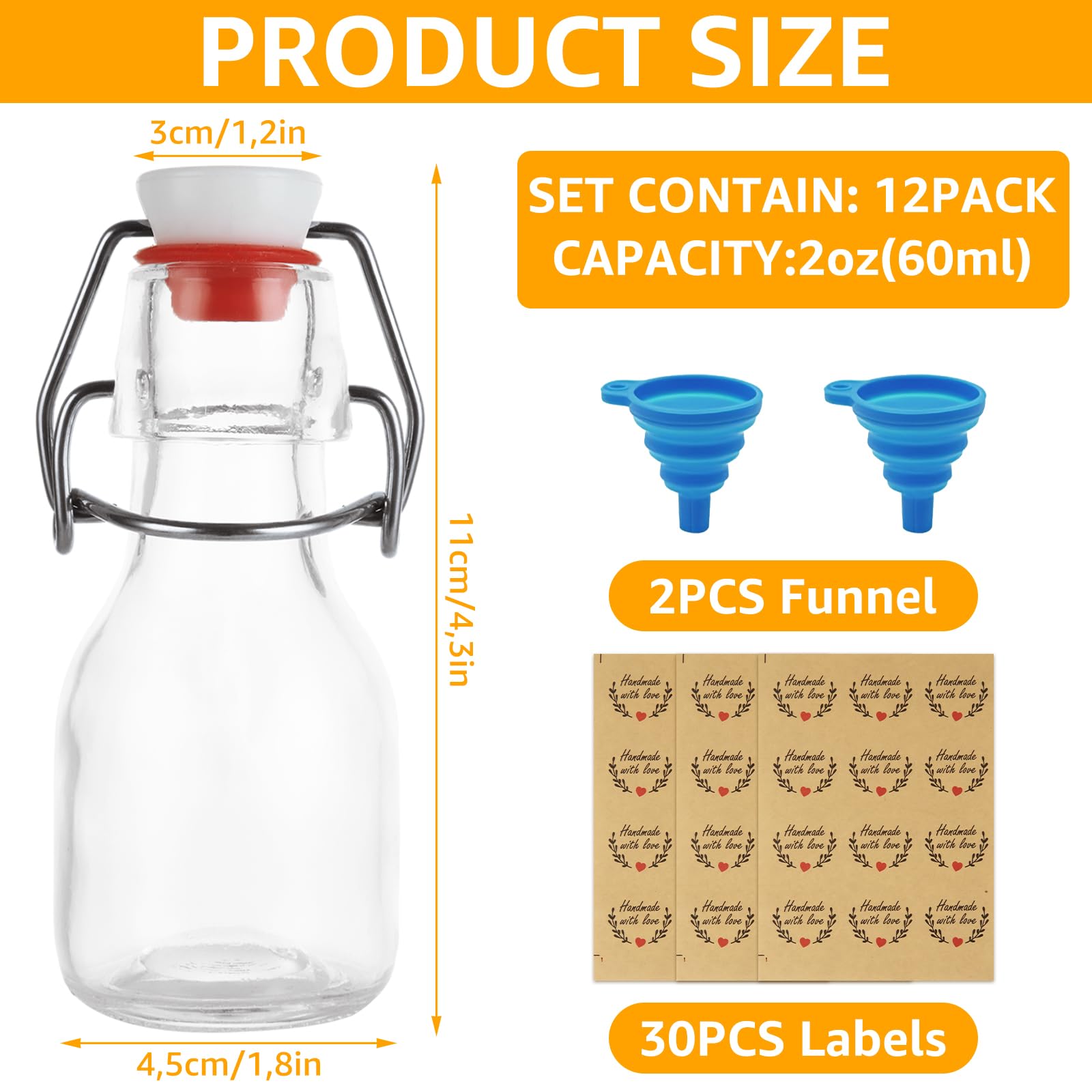 DAJAVE 30 botellas de cristal de 60 ml con cierre de clip, botellas pequeñas para rellenar, botellas de planchado para rellenar, incluye 2 embudos de silicona y 3 etiquetas, botellas de cristal para