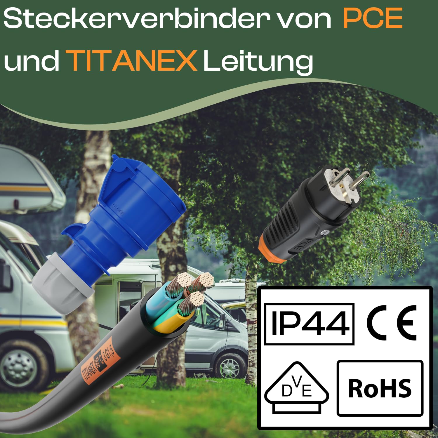 CEE Campingkabel Adapter Kabel Stromadapter Camping Schuko-Vollgummi-Stecker auf CEE Kupplung für Wohnwagen Wohnmobil TITANEX H07RN-F 3G1,5mm² 16A 230V 10m