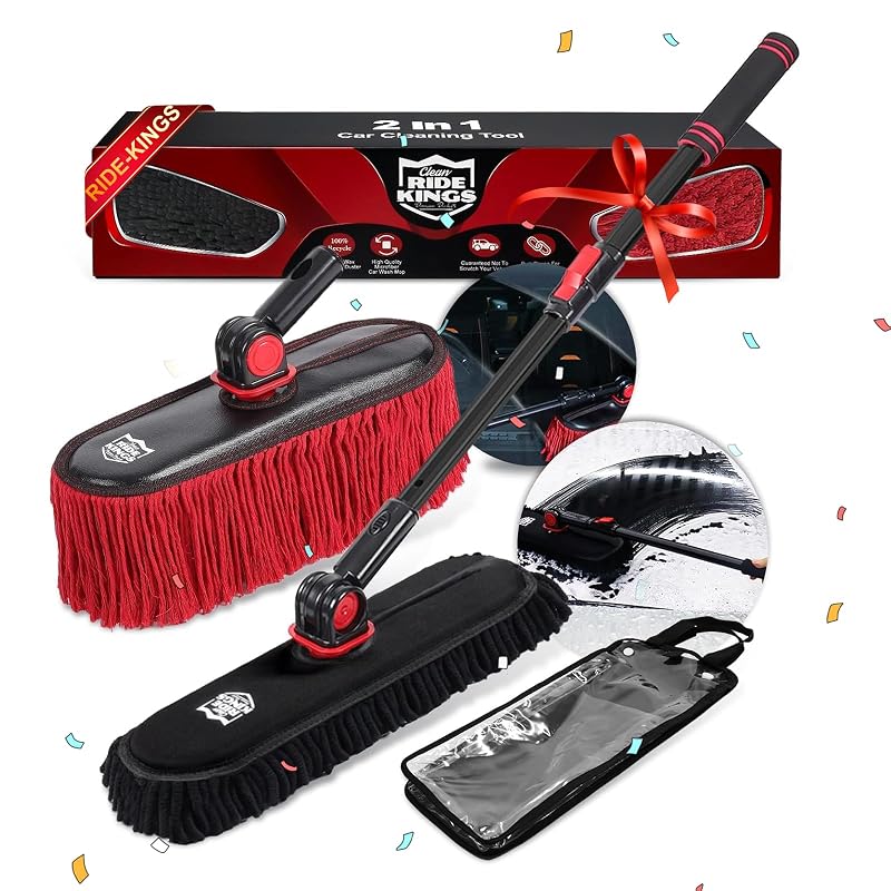 Kit de Escova e Espanador Automotivo com Cabeça Dupla RIDE KINGS, Cabo Telescópico e Bolsa, 4 peças
