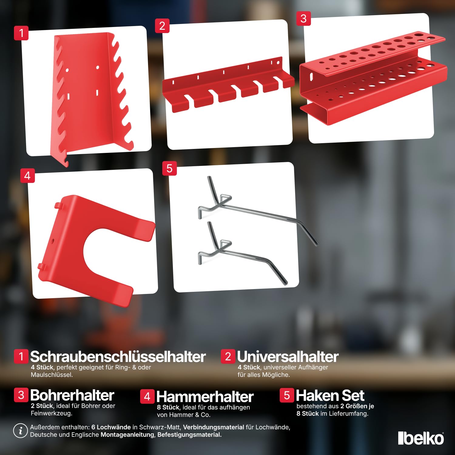 Belko® Juego de 2 paneles de herramientas de color rojo, 120 x 60 cm cada uno (combinable a 240 x 60 cm o 120 x 120 cm), incluye juego de 34 piezas de ganchos y estanterías, soporte organizador de