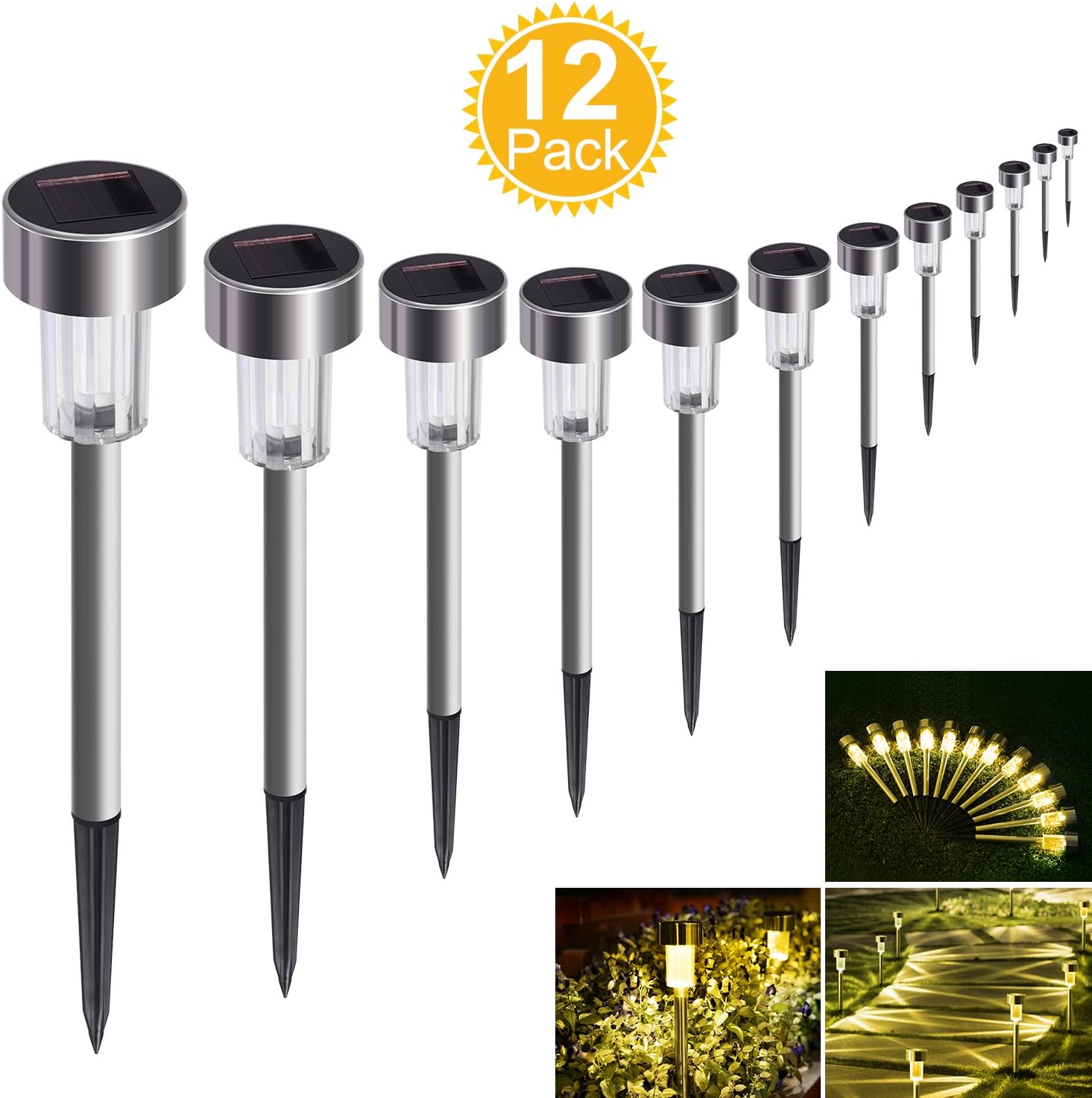 Solar Lights Outdoor - 12 Pack Waterproof Outdoor Solar Garden Lights Solar Powered Pathway Lights - Warm White - Landscape Lights for Lawn, Patio, Yard, Walkway, Driveway (Stainless Steel)