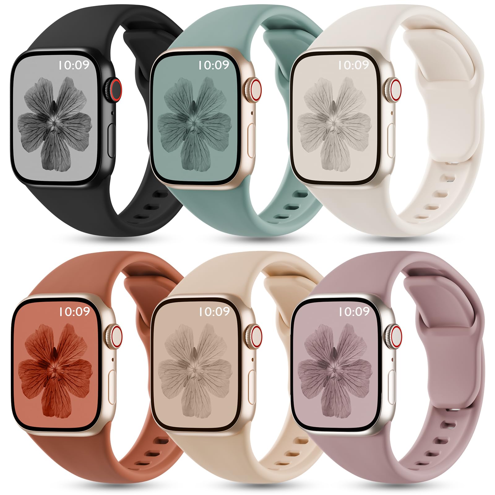 6 Pack Silicone Bands Compatible with Apple Watch Band 42mm 41mm 40mm 38mm 46mm 45mm 44mm 49mm Women Men, Patented Wristband Soft Sport Waterproof