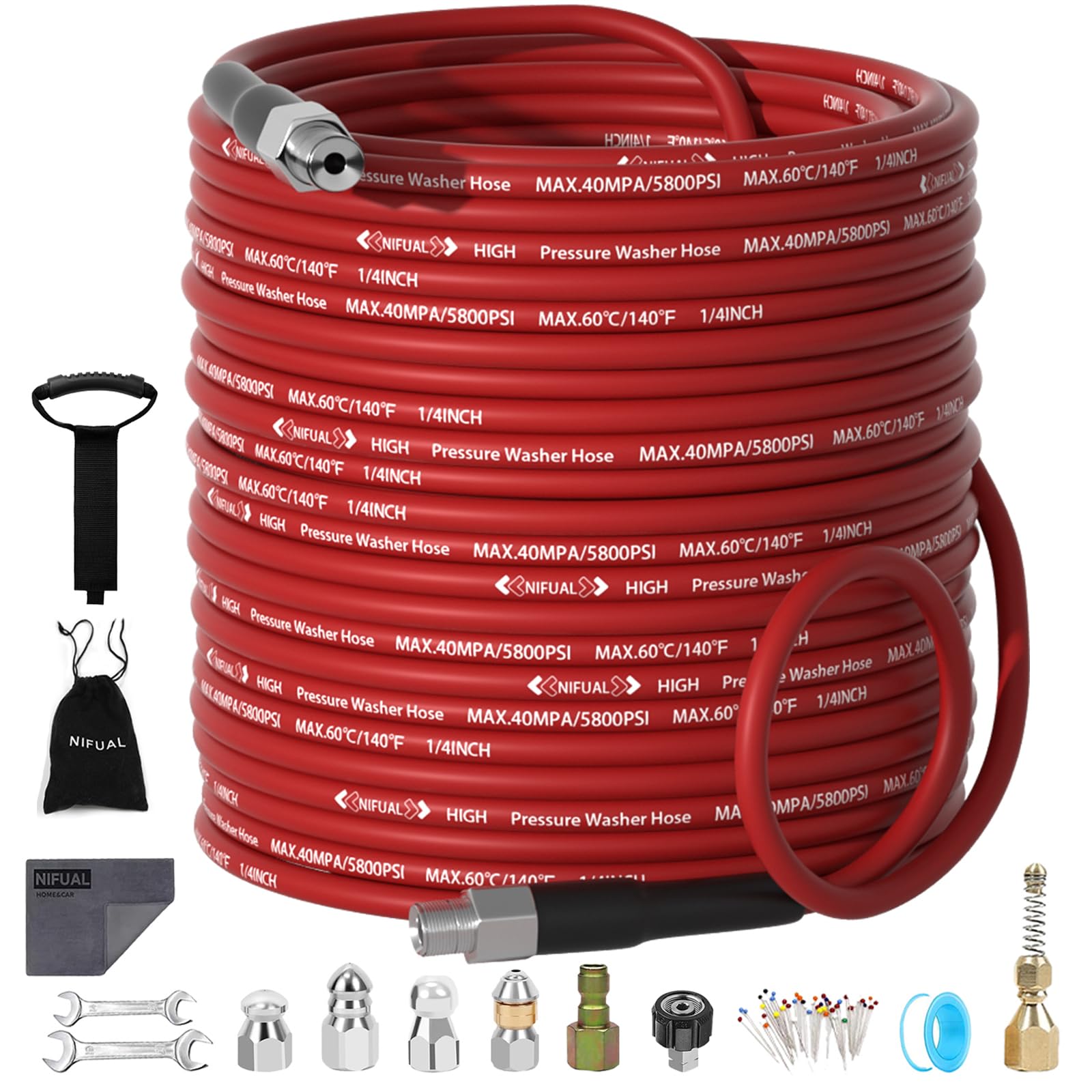 NIFUAL Abwasserdüsen-Set für Hochdruckreiniger, 4,5 m, 5800 PSI Druckabflussreiniger, 0,6 cm NPT-Eckdreh- und Knopfschlauch, Kanaldüse, Düse für Hausbesitzer und Heimwerker (4,5 m)