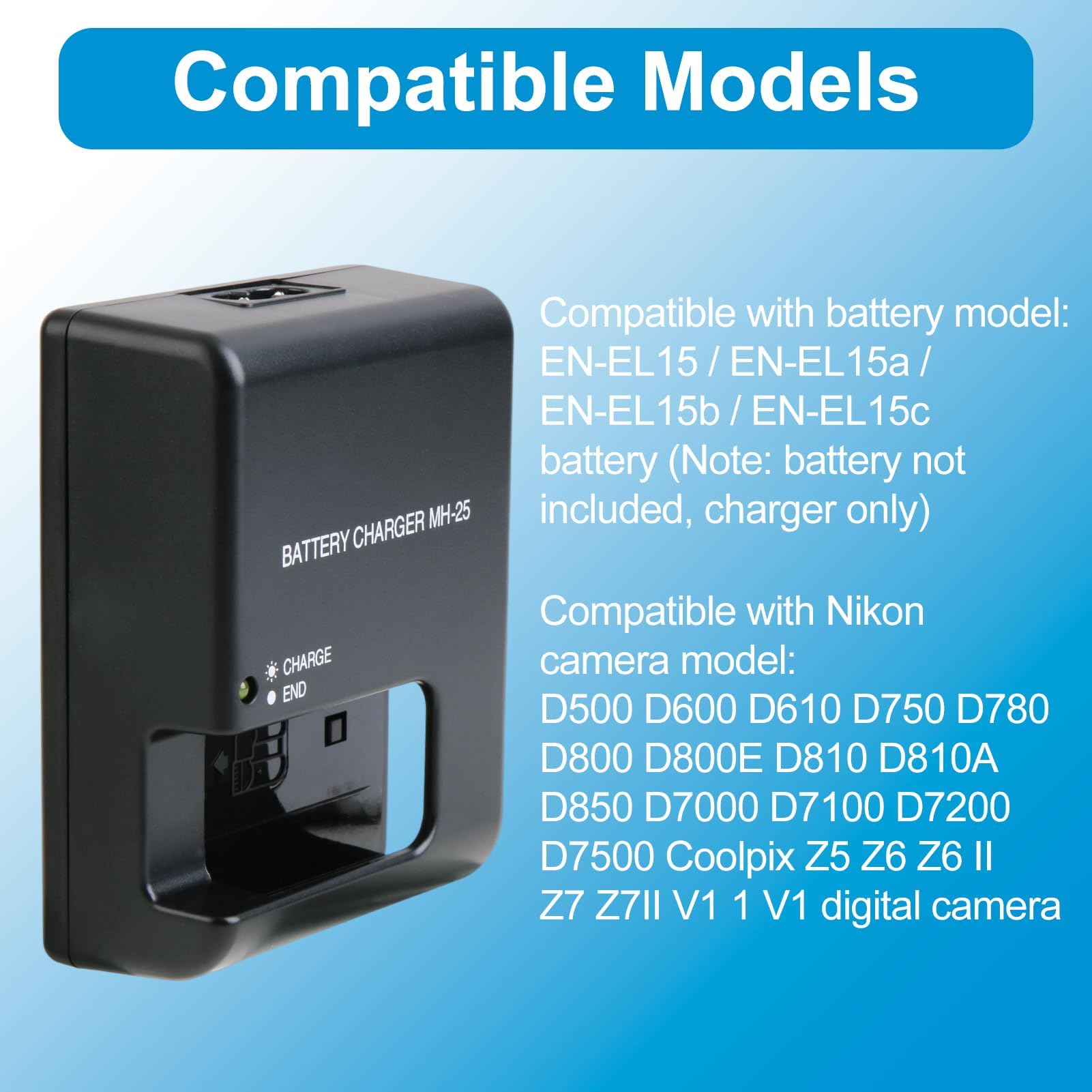 Caricabatterie MH-25/MH-25a per Batterie EN-EL15/EN-EL15a/EN-EL15b, Compatibile con Nikon D500 D600 D610 D750 D780 D800 D800E D810 D810A D850 D7000 D7100 D7200 D7500 Z5 Z6 Z6 II Z6 III Z7 Z7 II Z8 Coo