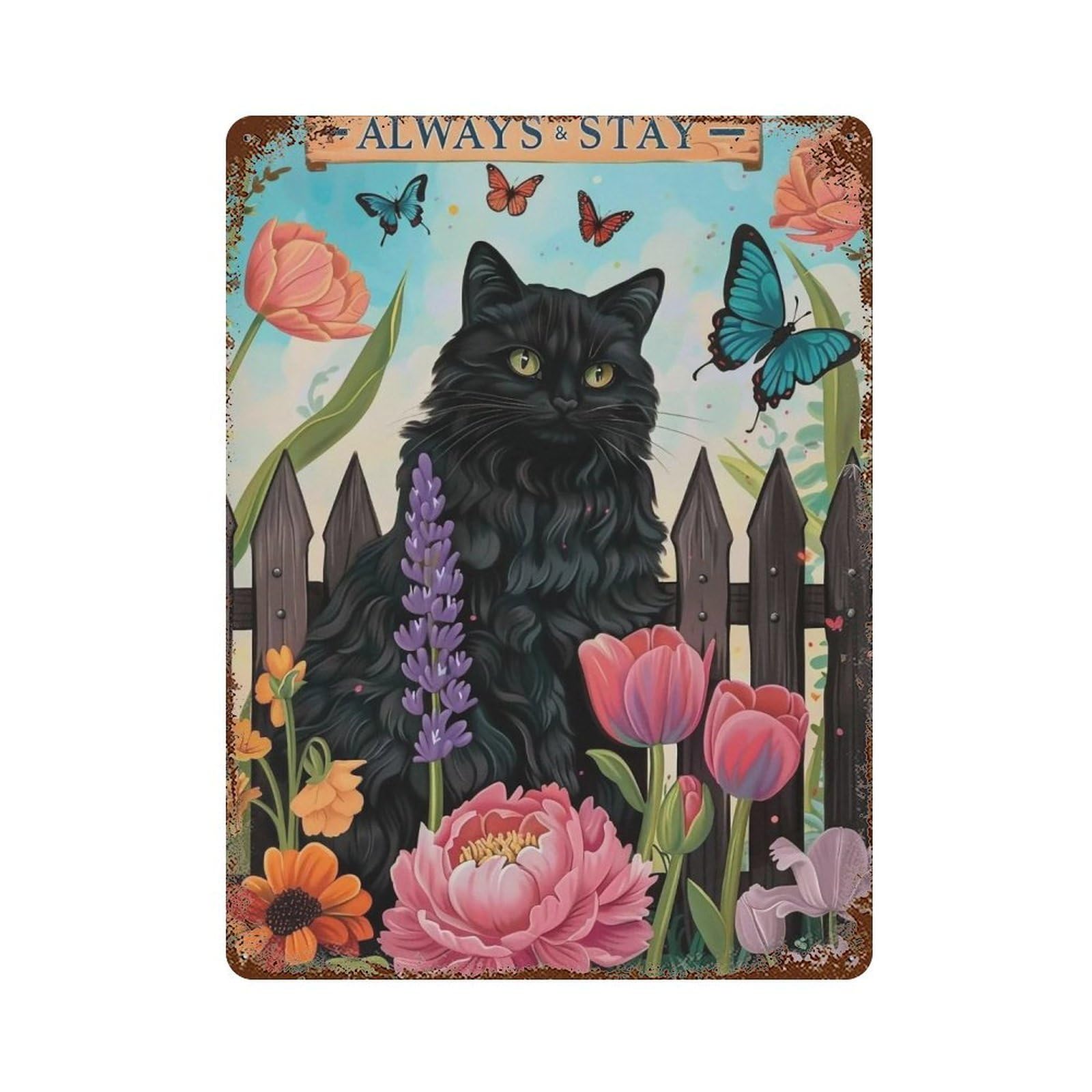 YHGERTKU Always Stay Humble & Kind Black Cat Butterfly Cottage Garden 01 Wall Art Retro Iron Vintage Metal Tin Sign Poster Modern Decor for Living Rooms Gift 40x30cm