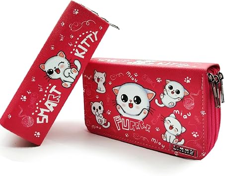 Limmy Pencil Case White Cat Kawai Organizer Pencil Case Vegan Leather Three Compartment Pen Holder