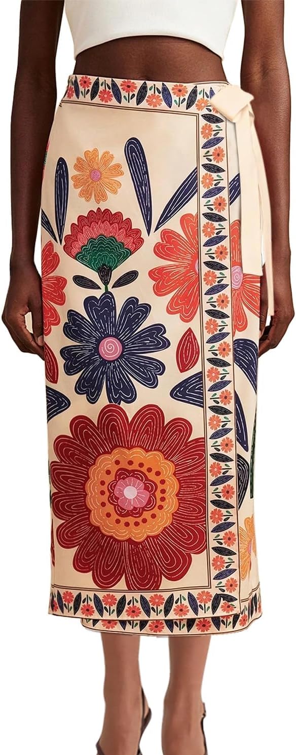 Women’s Floral Print Wrap Skirts Boho Tie Knot Skirt High Waist Causal Cute Flower Graphic Long Skirts Beachwear 2025
