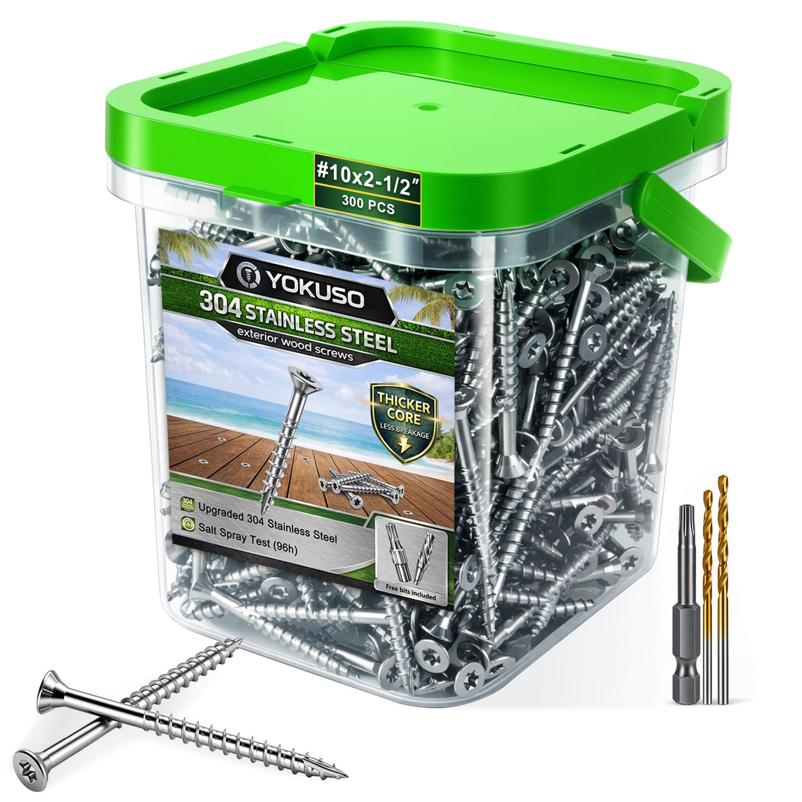 Tornillos para madera de acero inoxidable #10 de 2-1/2 pulgadas, tornillos de acero inoxidable 304 para cubierta exterior (300 piezas), resistentes a la corrosión y al óxido, cabeza plana Torx T25